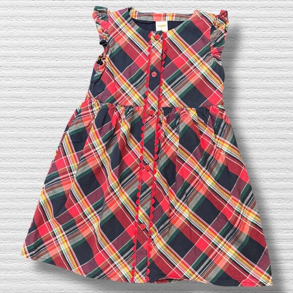 Gymboree Girls Dress 5T Red Plaid Cotton Flutter Sleeve Apple Button School Fall - Picture 1 of 5